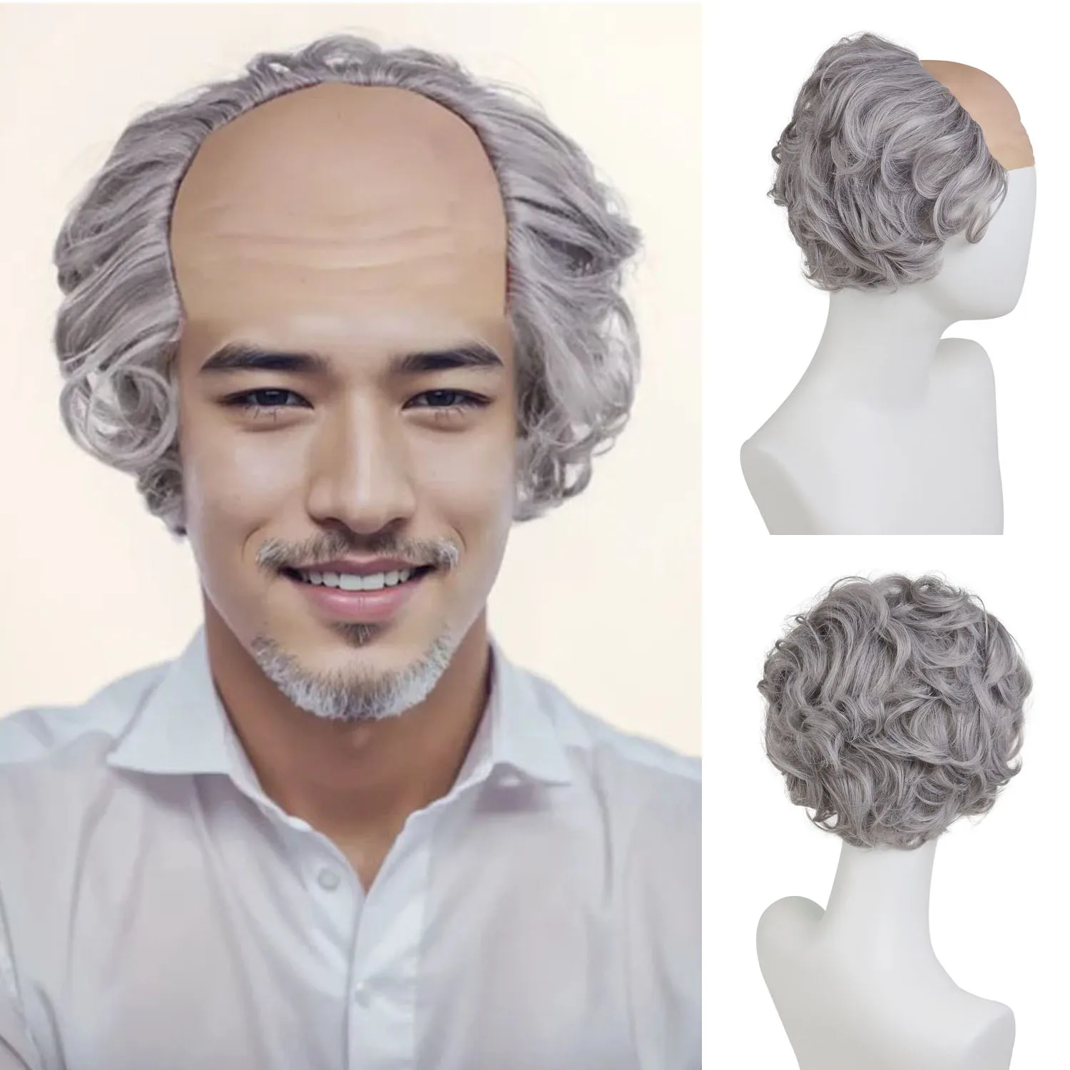 

Synthetic Short Curly Wig Old Man Bald Cap Grey Mad Scientist Halloween Cosplay Wig Anime Costume Party Wigs Mustache Eyebrows