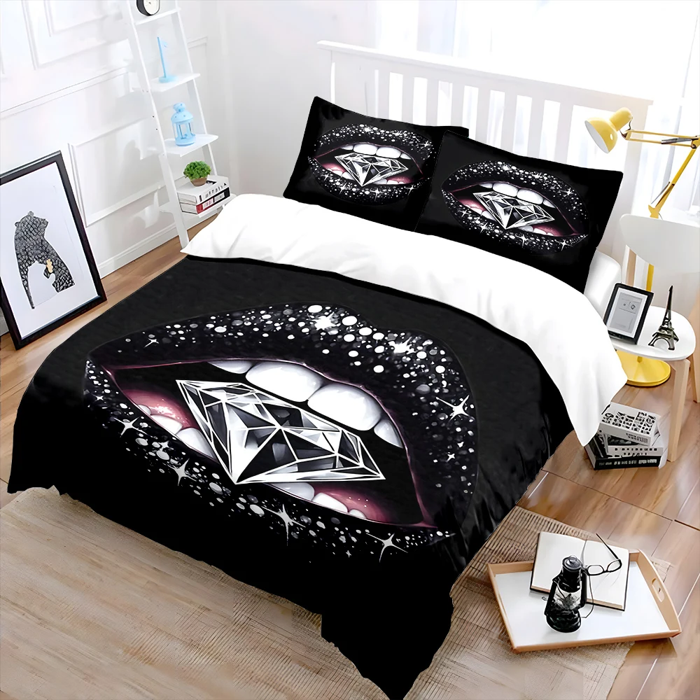 Sparkling black lips with diamond Bedding Set for Kids Luxury Gift 3pcs Digital Print Comforter Set Soft Comfortable Breathable