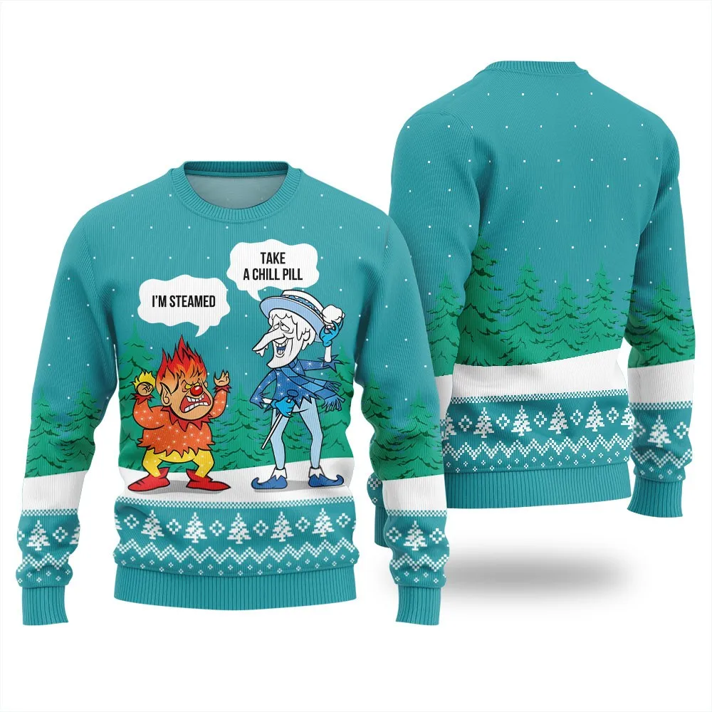 Men Women Parent Child Winter Cartoon Crew Neck Sweater Graphic Print Casual Long Sleeve Pullover For Snow Holiday Wear
