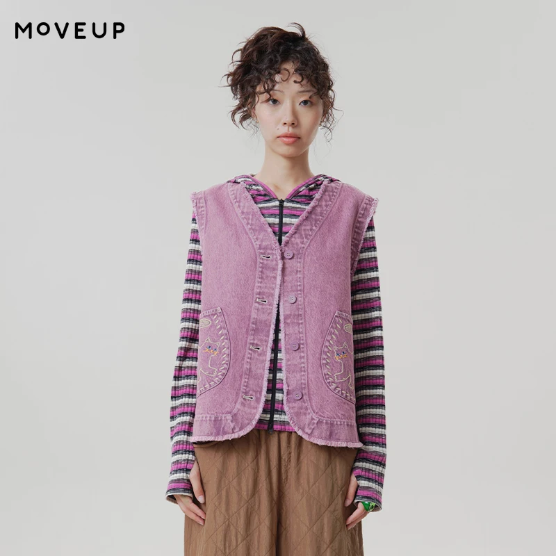 MOVEUP 100% Cotton V-Neck Cowboy Vest Jacket 2026 Autumn Cat Embroidery Denim Vest Tassel Edge Sleeveless Waistcoat 3ELQ41001