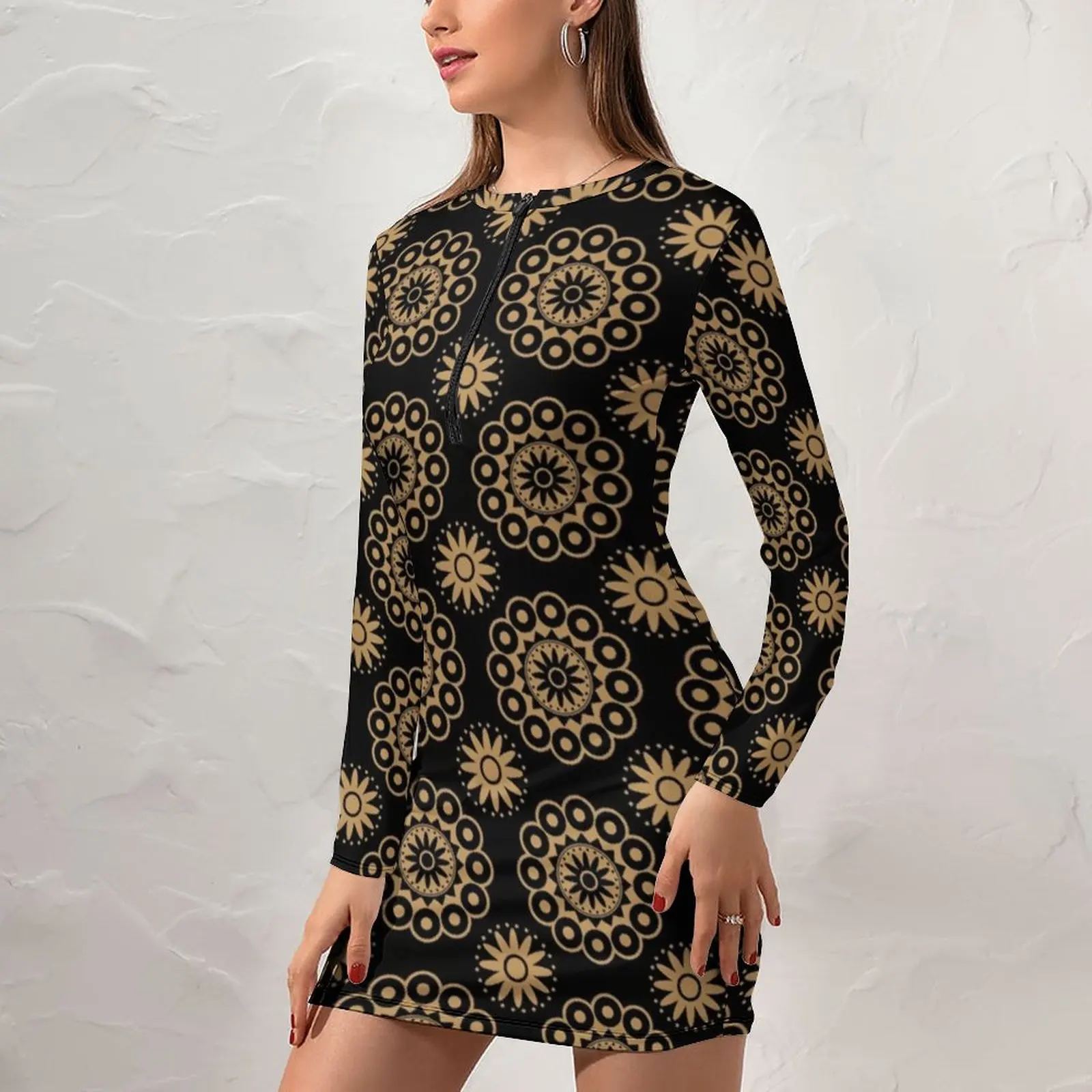 Retro Bohemia Dress Long Sleeve Trippy Mandala Print Sexy Dresses Spring Woman Simple Trendy Bodycon Dress Big Size XL 2XL