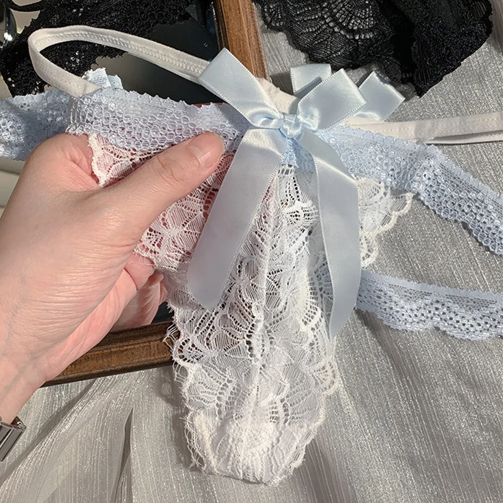 Dámské sexy krajkové tanga s nízkým pasem, prodyšné, bezešvé, hladké a měkké spodní prádlo, s mašlí a detailem mašle - náhled 5