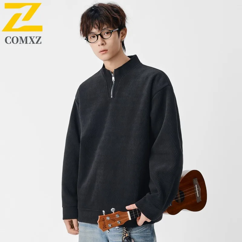 

COMXZ 2025 New Men Half Zip Solid Color Loose Fit Autumn Winter Korean Style Minimalist Casual Outdoor Sports Long Sleeve Top