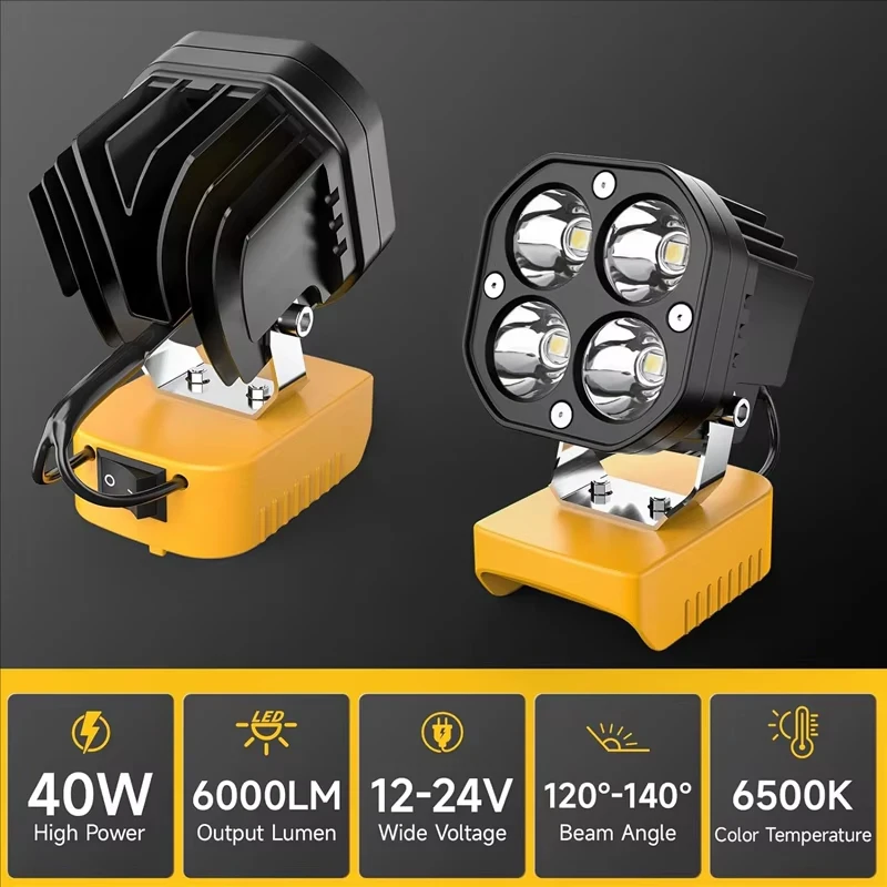 High Performance Cordless LED Work Light 40W 6000LM With Adjustable Beam Works With For Dewalt For DCB205 Battery 120°Adjustable