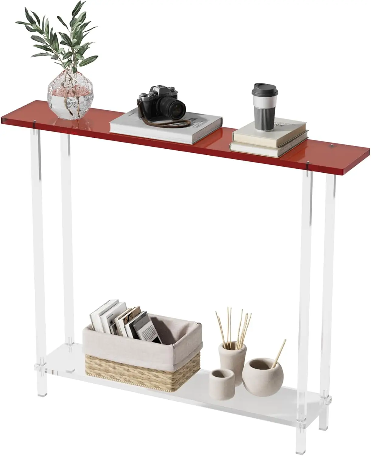 

Sleek Modern 2-Tier Acrylic Console Table, 39.4"" L X 7.6"" W X 31.5"" H - Entryway Table For Hallway, Living Room, Sofa Side,