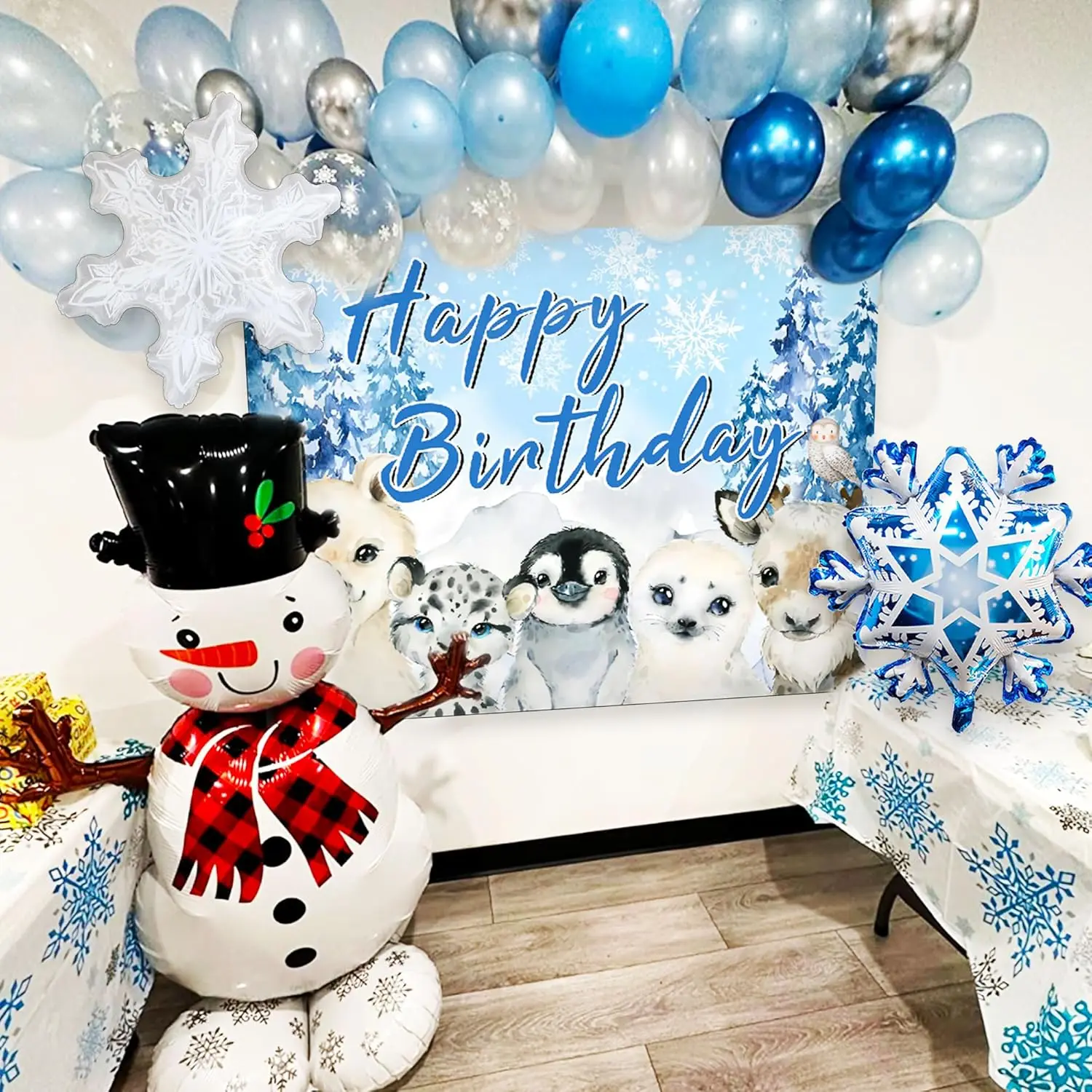 Laventy Winter Onderland Decorazione di compleanno Fiocco di neve Sfondo di compleanno Palloncini con fiocco di neve blu argento