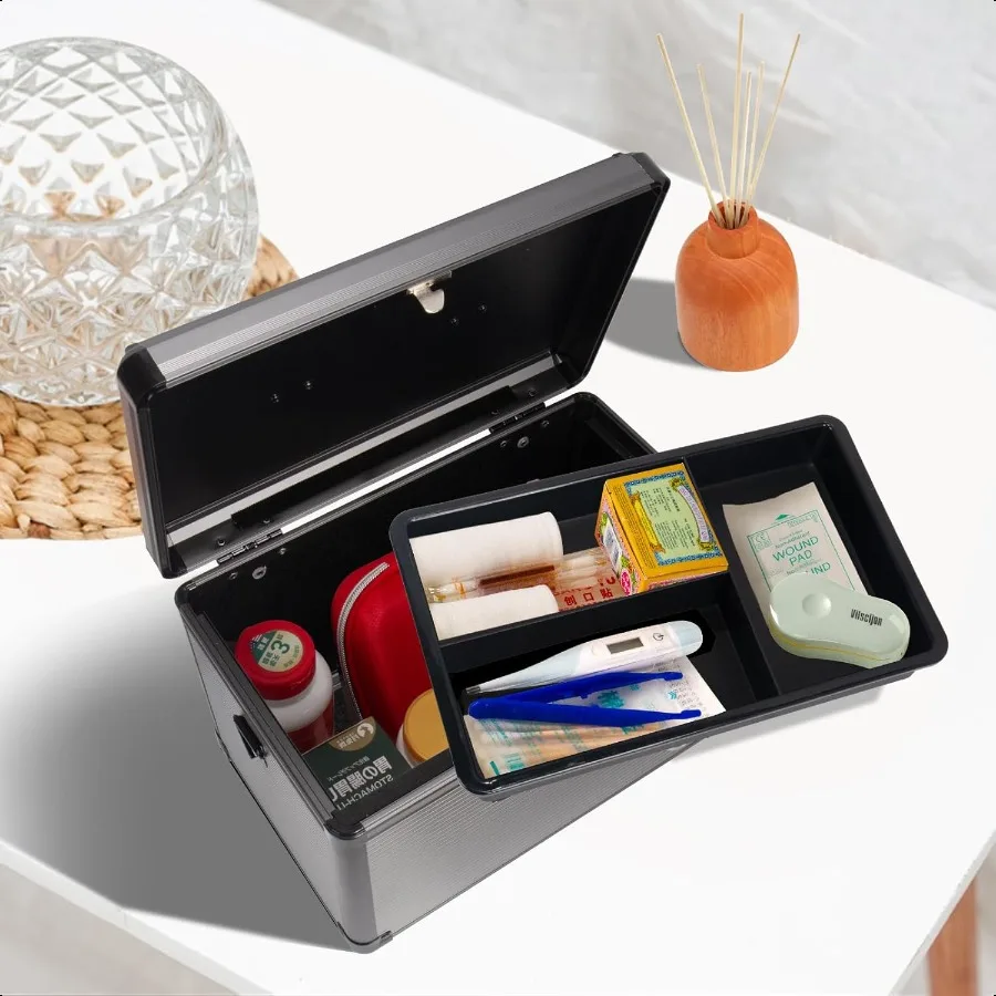 Medicine Lock Box with Key Alluminum Alloy Box for Medication First Aid Box with a Removeable Tray to Store Medicines Pills for