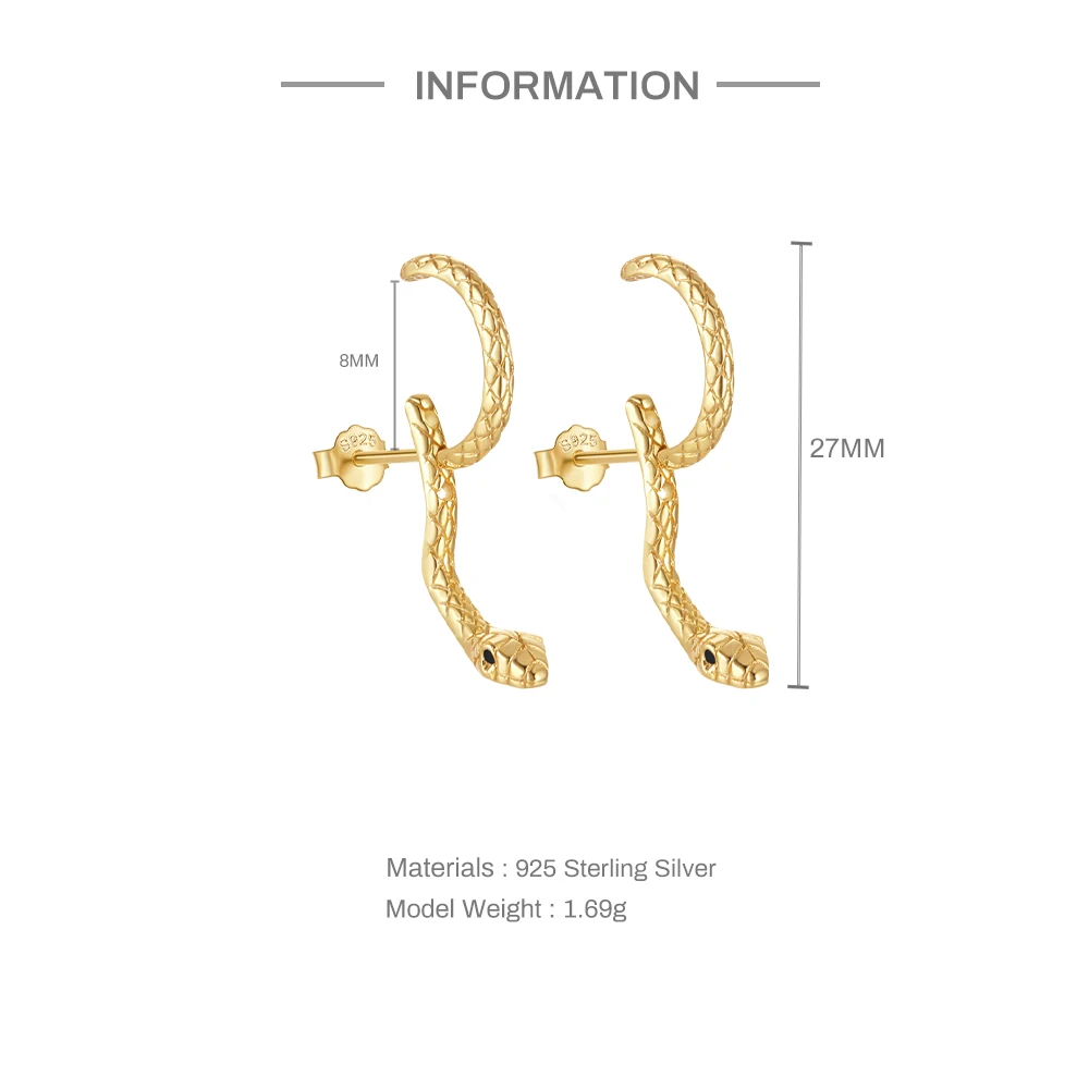 AIDE 925 Sterling Silver Punk Studs Earrings Snake Shaped Earring for Women Personality Creatiive Animal Fashion Ear Clips Jewel