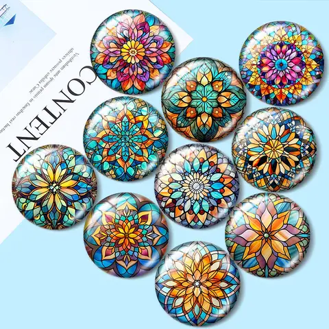 Mandala colored flower 10pcs 12mm/16mm/18mm/25mm Round Photo Glass Cabochon Demo Flat Back Making findings