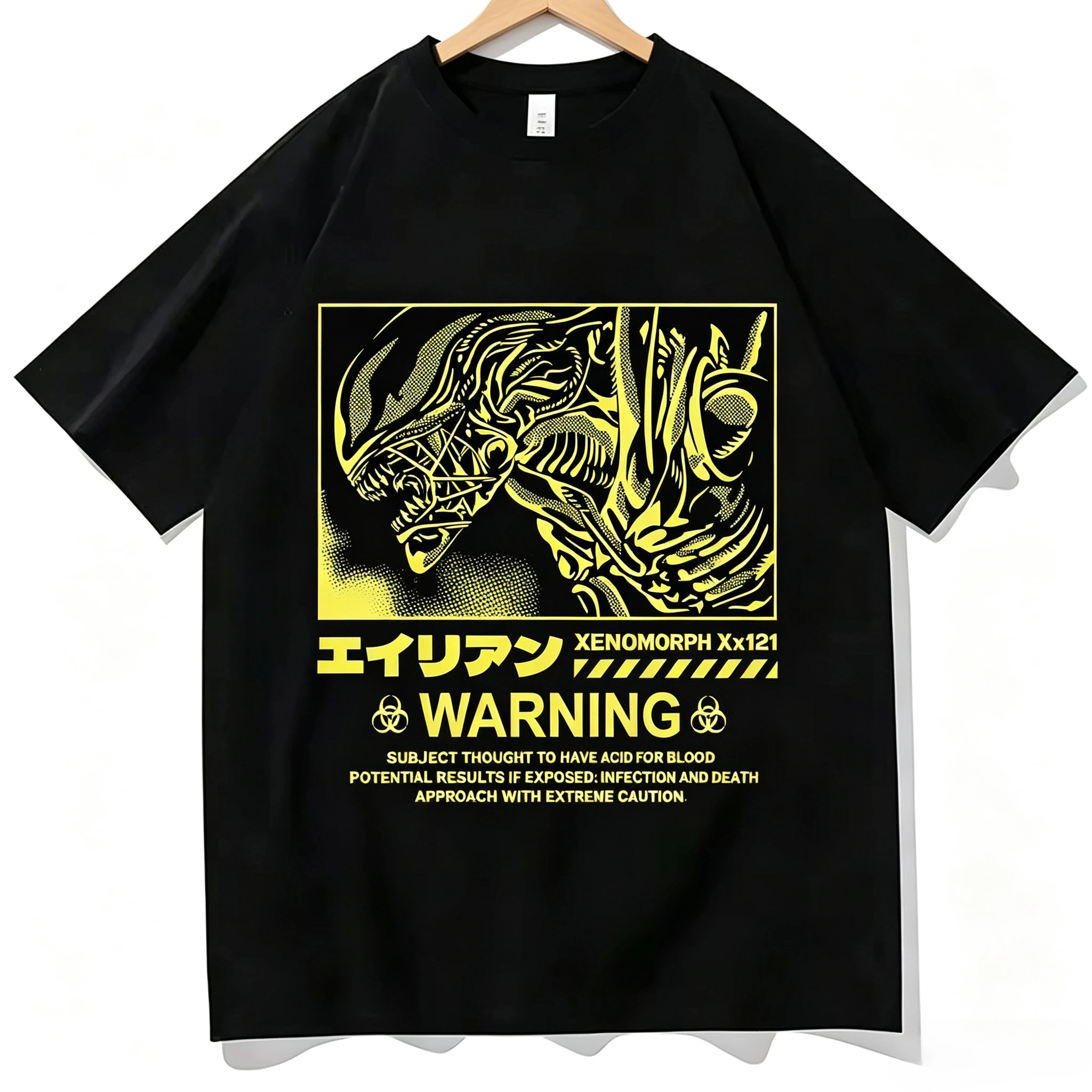 Alien Biohazard Japanese Text Graphic T-shirt Men Women Sci-Fi Horror Fan Street Loose Fit Daily Short Sleeve Tees Tops