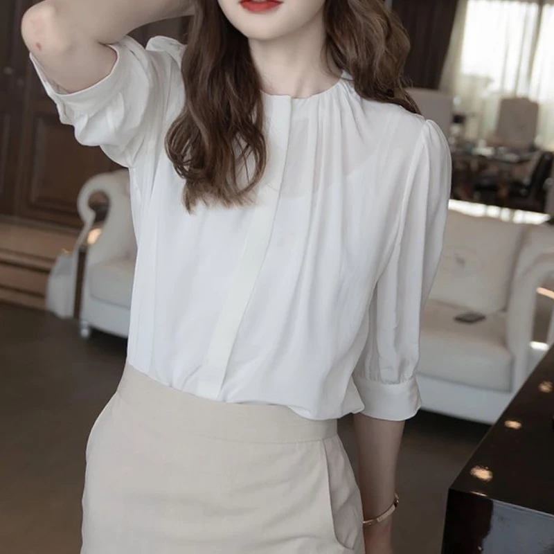 Women\'s Korean Fashion Ruffled White Short Sleeve Shirt Office Lady Elegant Business Casual Blouse Summer O Neck Loose Chic Tops