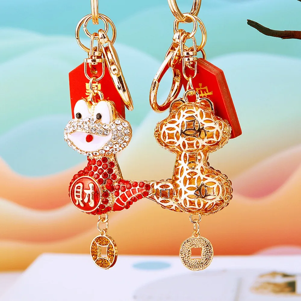 Chinese Snake Lucky Pendant Fortune Collection Rhinestone Snake Keychain Bag Charm Jewelry Zodiac Snake Year Key Ring Couple