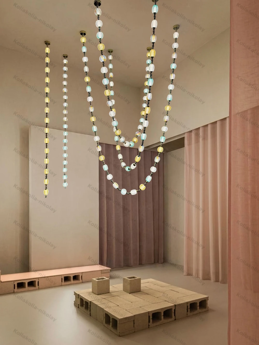 Colorized 6M Glass Chain Dimmable LED Pendant Light High Ceiling 2026 Chandelier Gold Chrome Hanging Lamp For Dinning Room