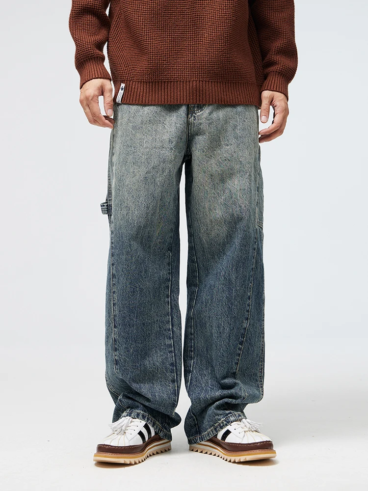 

Uktk American Retro Heavyweight Washed Loose Straight Leg Vertical Bone Fried Sand Design Wide Leg Jeans Casual Cotton