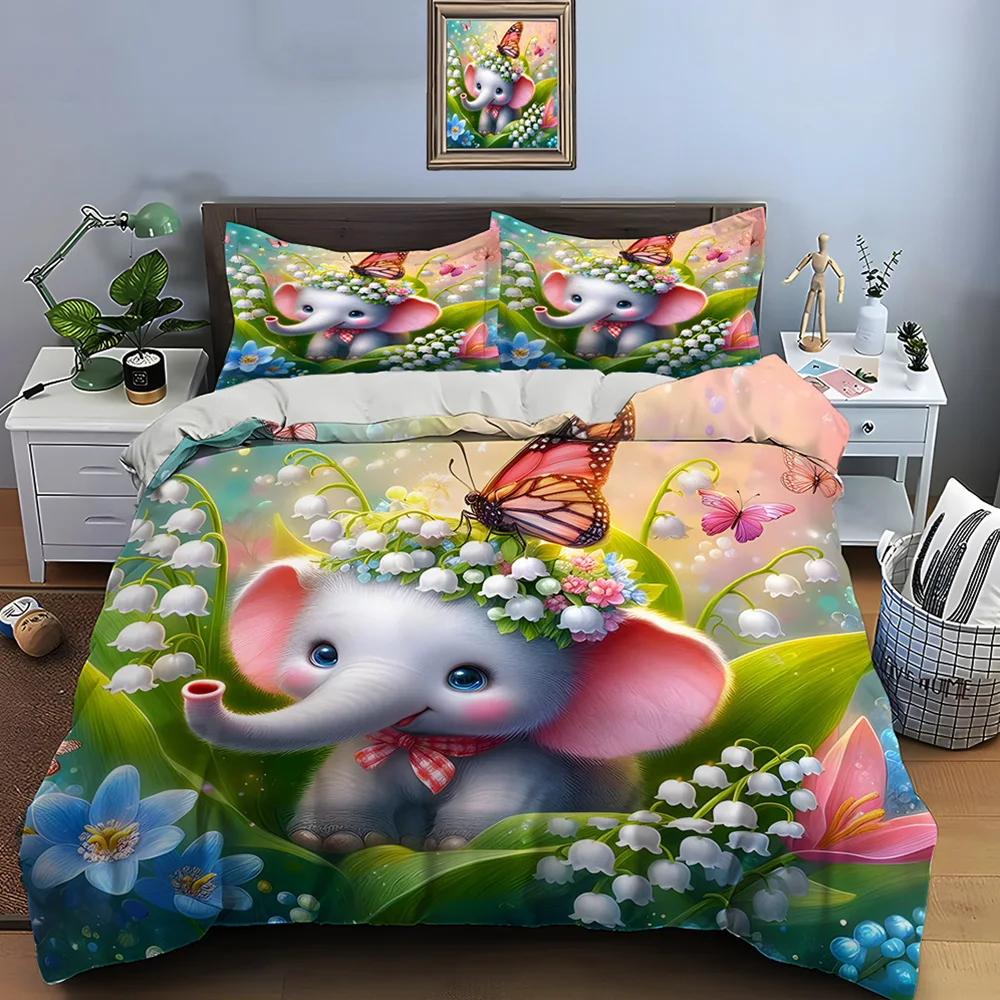 Cute elephant with butterfly wreath Print Bedding Set 1 Duvet Cover 2 Pillowcases for Adult and Children Luxury Gift Full Size