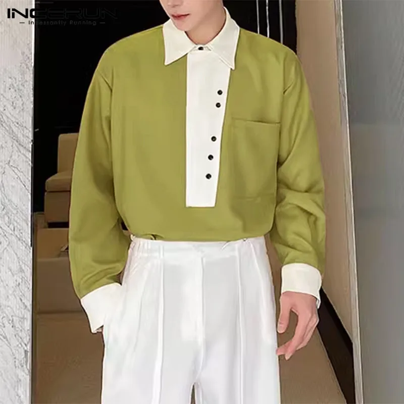 

INCERUN Tops 2024 Korean Style Mens Collar Contrasting Color Pullover Shirts Leisure Personality Loose Long Sleeved Blouse S-5XL