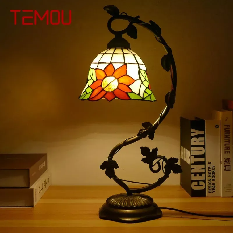 

TEMOU Tiffany Table Lamp American Retro Living Room Bedroom Lamp Luxurious Villa Hotel Stained Glass Desk Lamp