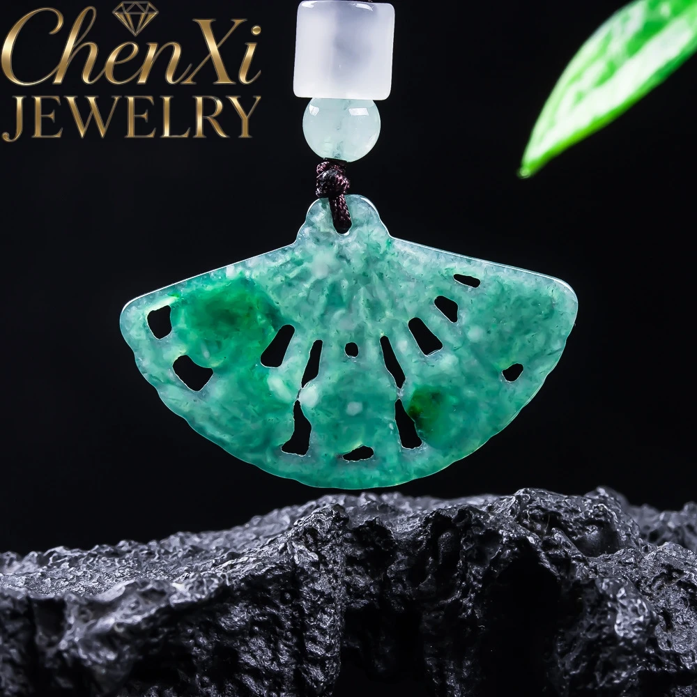 Natural Grade A Burmese Blue Water Jadeite Fan-Shaped Plum Blossom Hollow Carved Pendant Lucky Necklace Jewelry Daily Wear Gifts