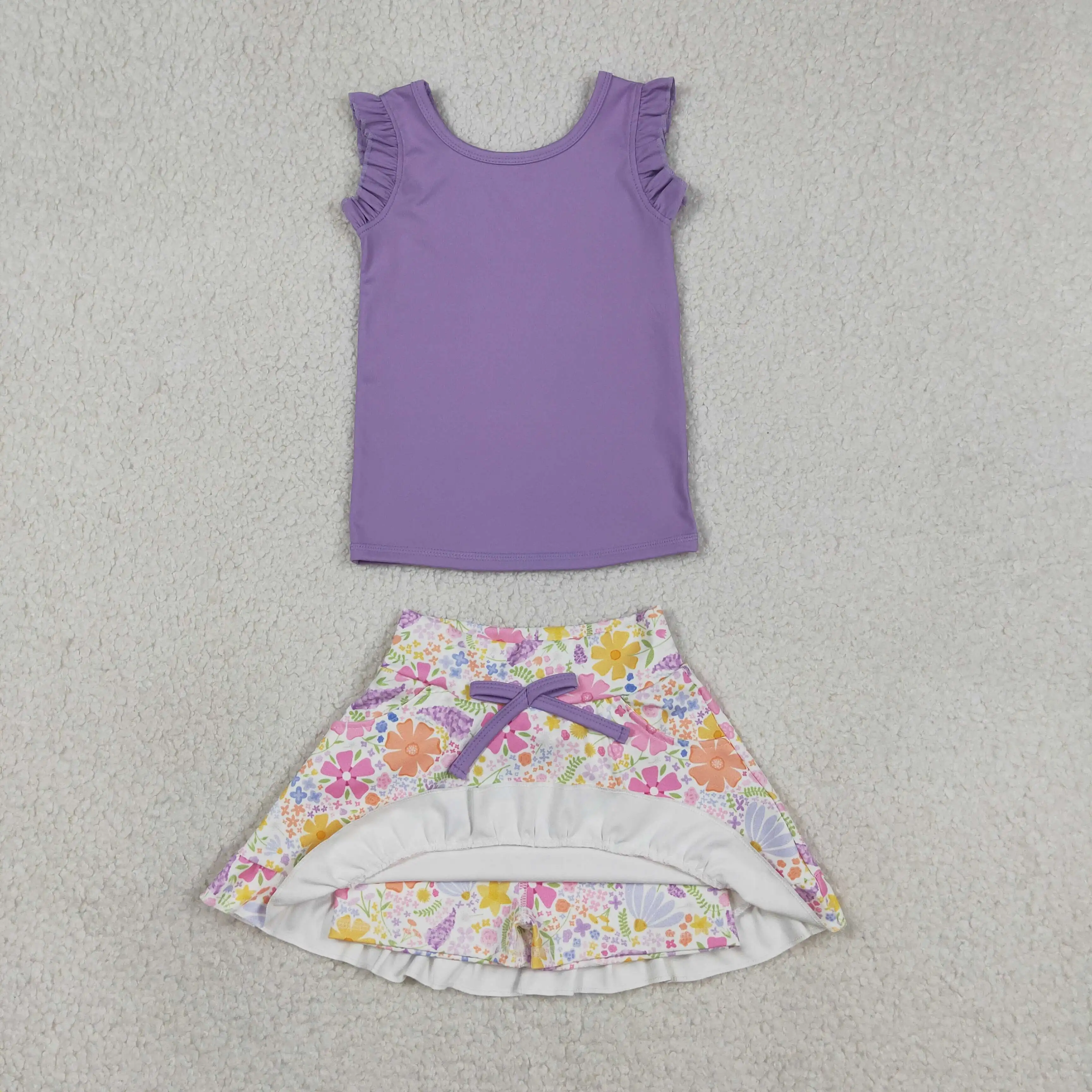 Wholesale Toddler Purple Shirt Flower Ruffle Skirt Shorts Kids Skort Set Athletic Clothes Baby Girl Yoga Active Summer Clothing