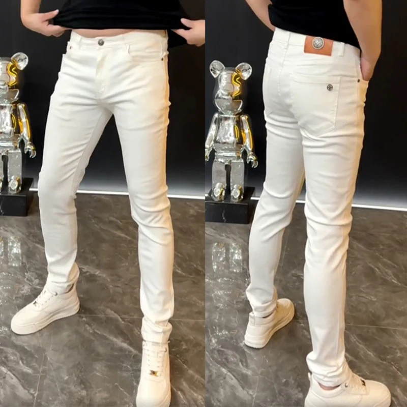 

European Fashion White Jeans Men 2024 Summer Solid Color Streetwear Biker Elastic Skinny Zips Simple Cacual Long Denim Trousers