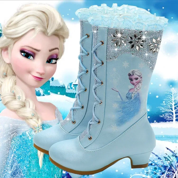 Disney girls boots autumn new high-tube all-match plus velvet elsa children's high-heeled princess boots frozen