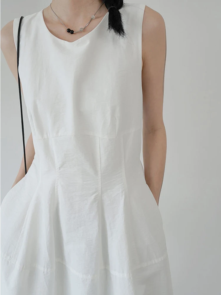 Simple Vintage White Dress Women Casual O Neck Sleeveless Retro Long Dress Korean Summer Female Pockets Loose Tanks Dress