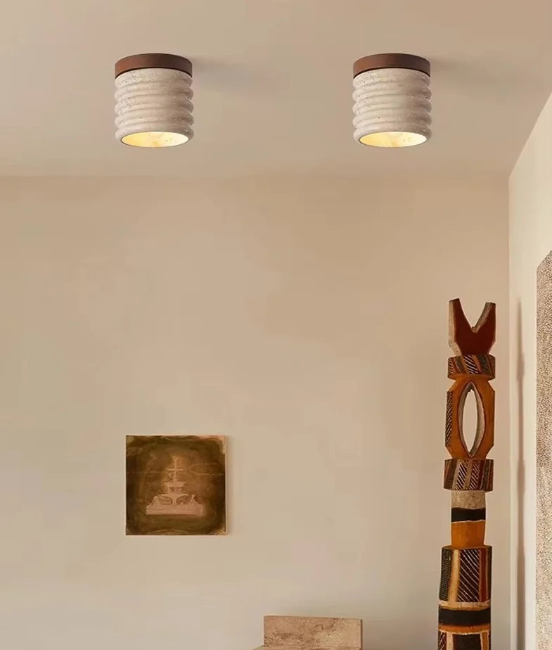 Yellow Travertine Natural Stone Vintage Wabi Sabi Cream Minimalist Hallway Corridor Entryway Foyer Home LED Ceiling Lamp