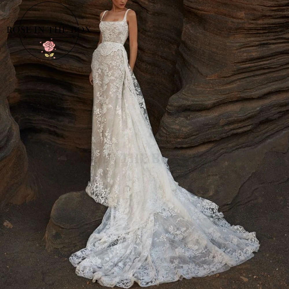 ROSEINTHEBOX Customized Spaghetti Straps Elegant Dreamy White Lace Mermaid Wedding Dresses Square Neckline Romantic Bridal Dress