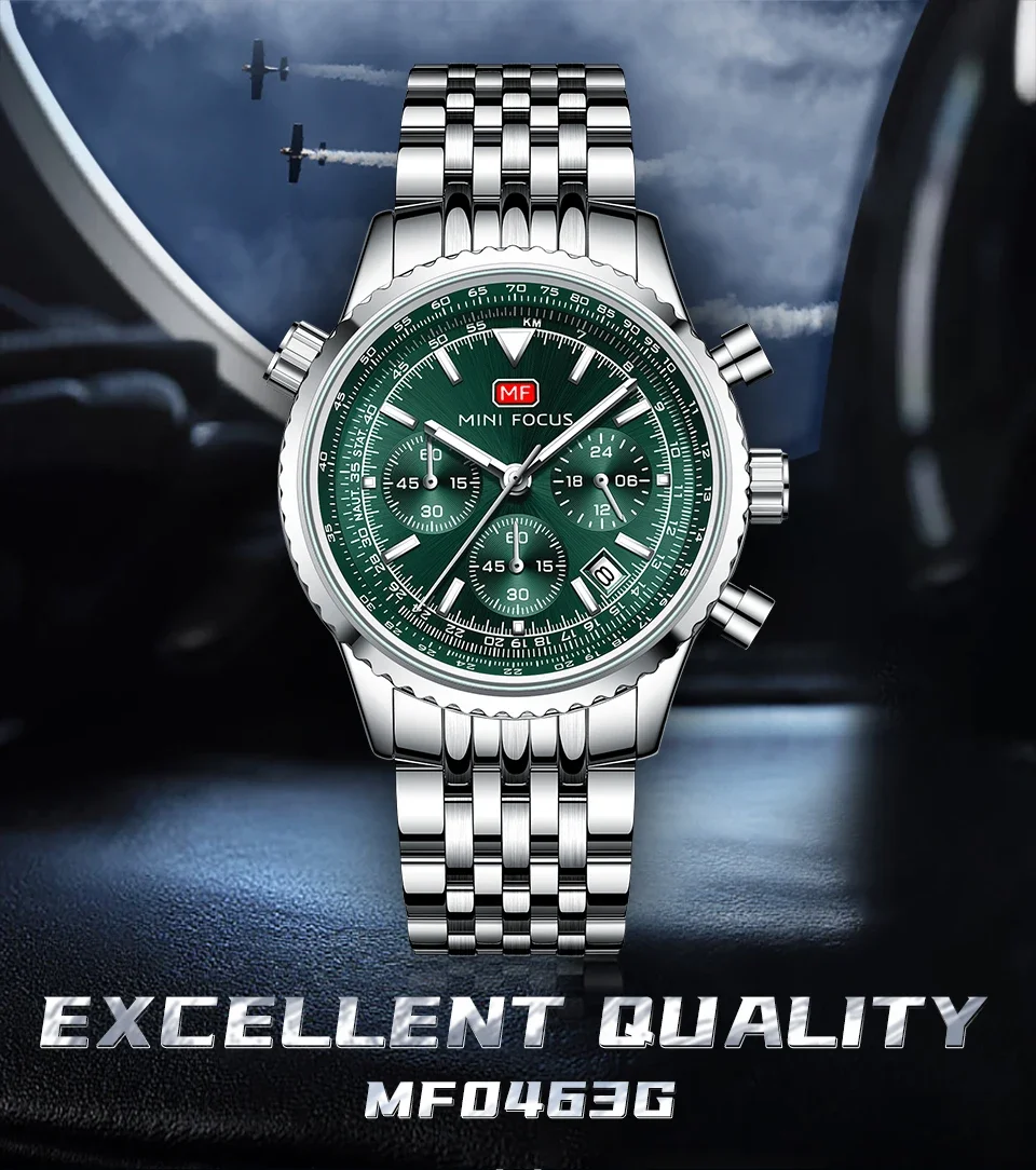 Focus 24-hour Chronograph Wristwatch Auto Date Stainless Steel Strap Waterproof Silver Gold Quartz Watch MF0463G Luminous Clock