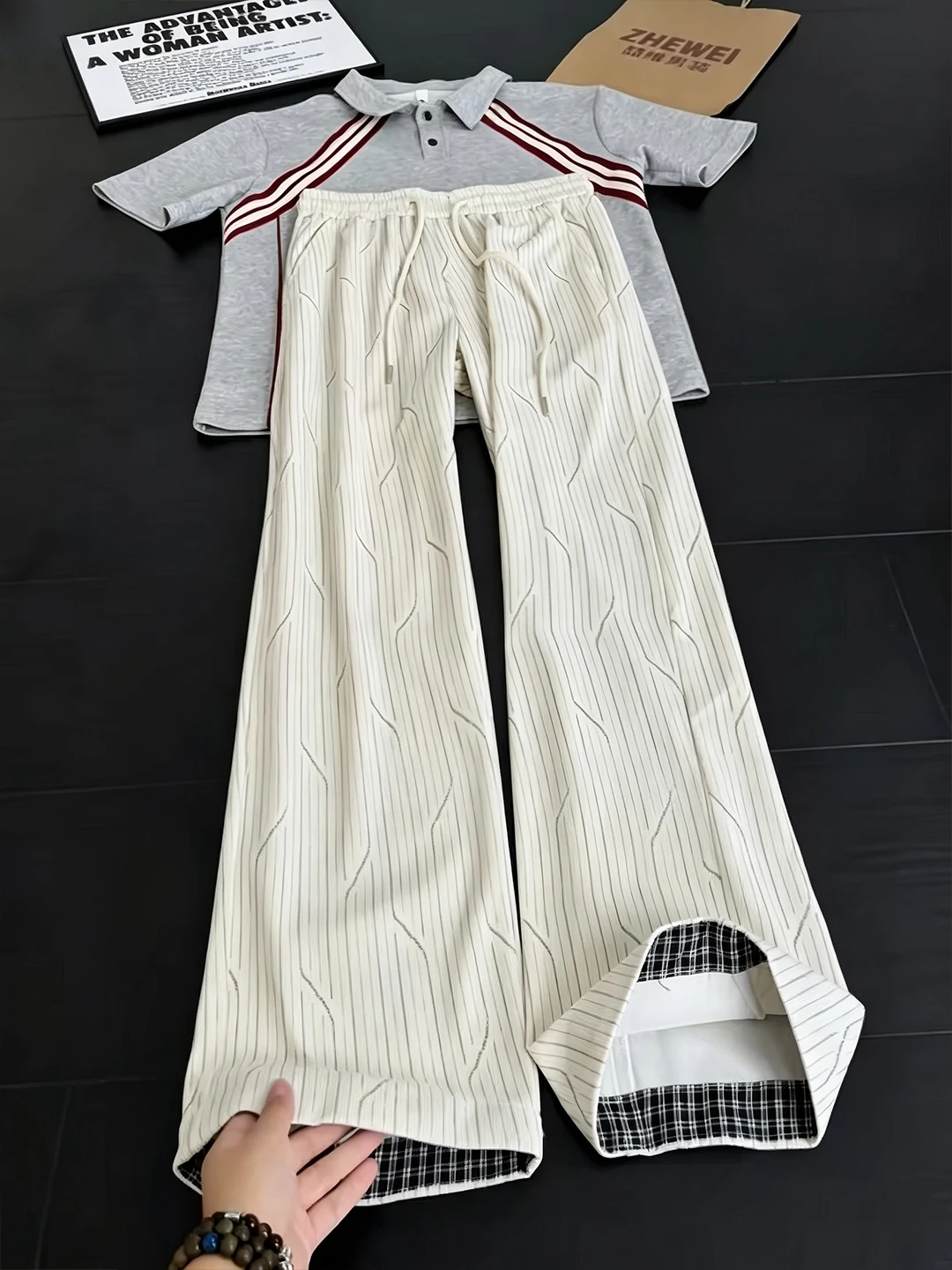 Casual Summer Thin Wide Leg Pants Men's Loose Slimming Ice Silk Long Trousers Plaid Splicing Drapey Straight Leg Casual Pants