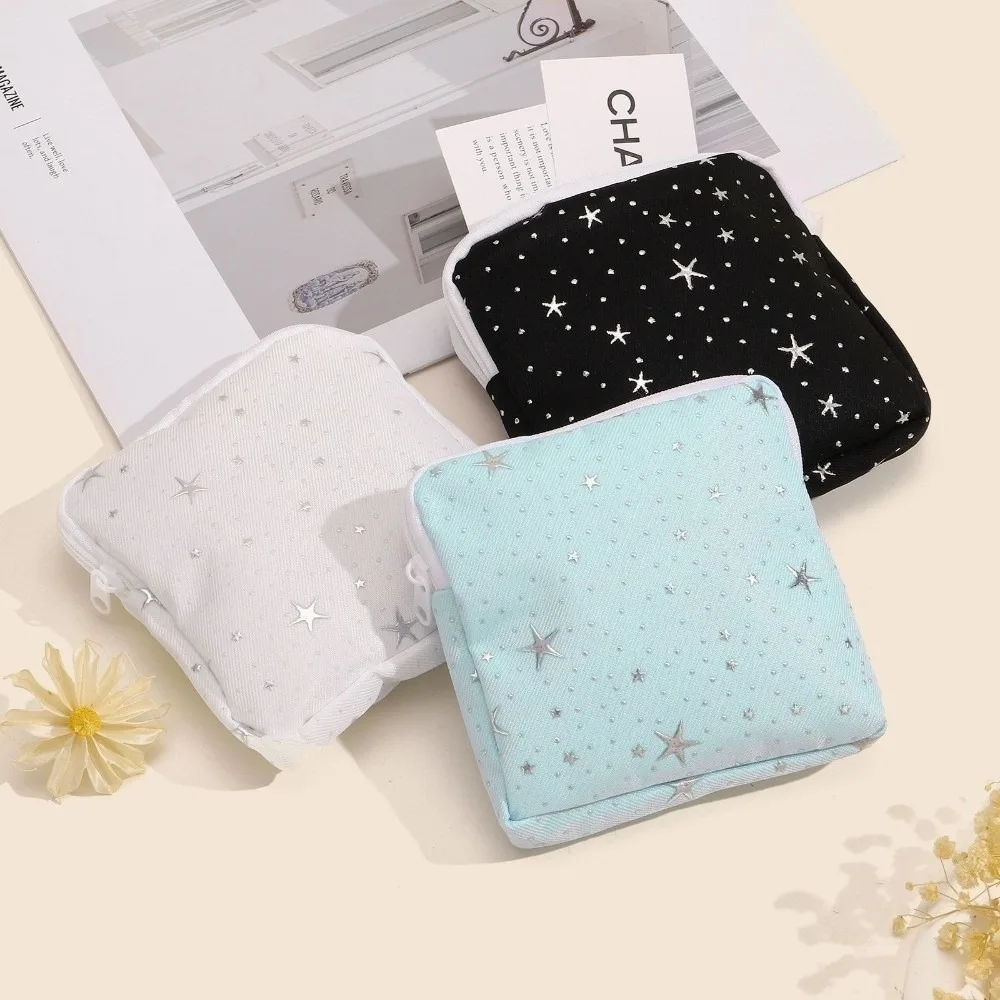 Kawaii Silver Star Print Sanitary Pad Pouch Zipper Closure Portable Feminine Period Pouch Zipper Purse Women Girls