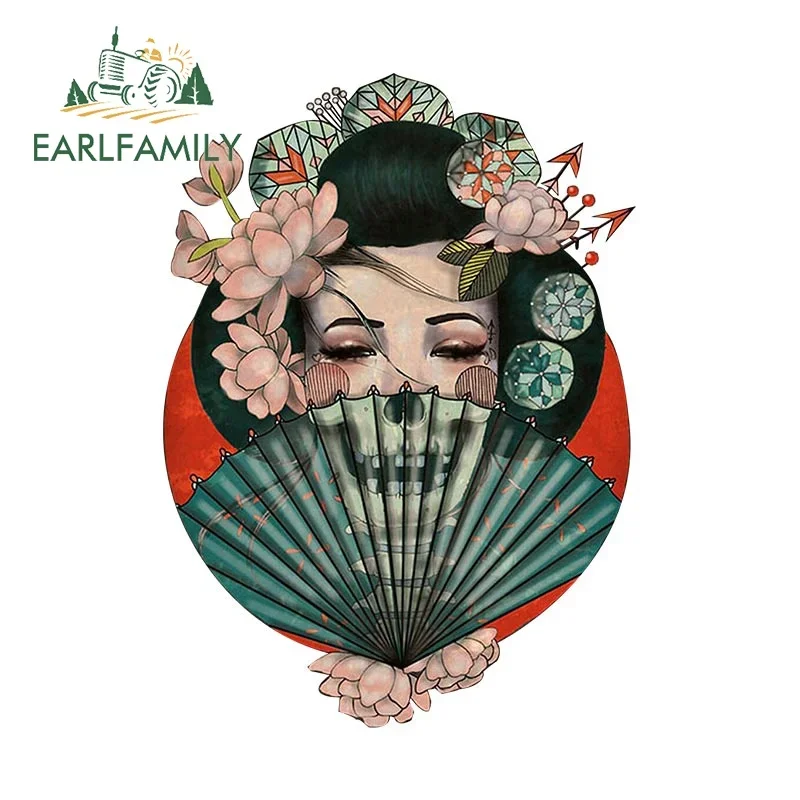 

EARLFAMILY 13cm x 12.2cm Japanese Geisha Car Sticker Flowers Fan Artic Windshield Decal Bumper Decal Luggage Waterproof Decor