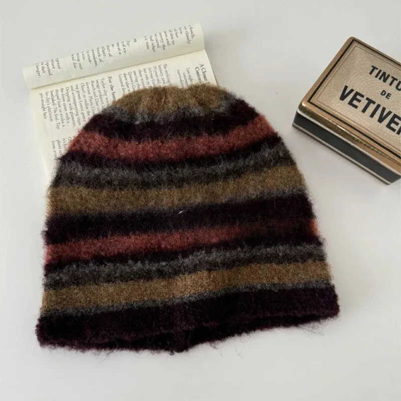 Japońska czapka z dzianiny w paski w stylu retro dla mężczyzn i kobiet, zimowa ochrona uszu i ciepła czapka narciarska z czaszką Gorras — zdjęcie 6