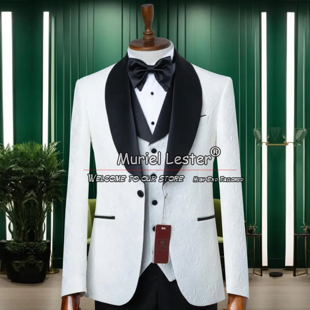 

White Floral Suits Men For Wedding Tailor Made Black Lapel Jacquard Jacket Vest Pants 3 Pieces Groom Tuxedo Male Business Blazer