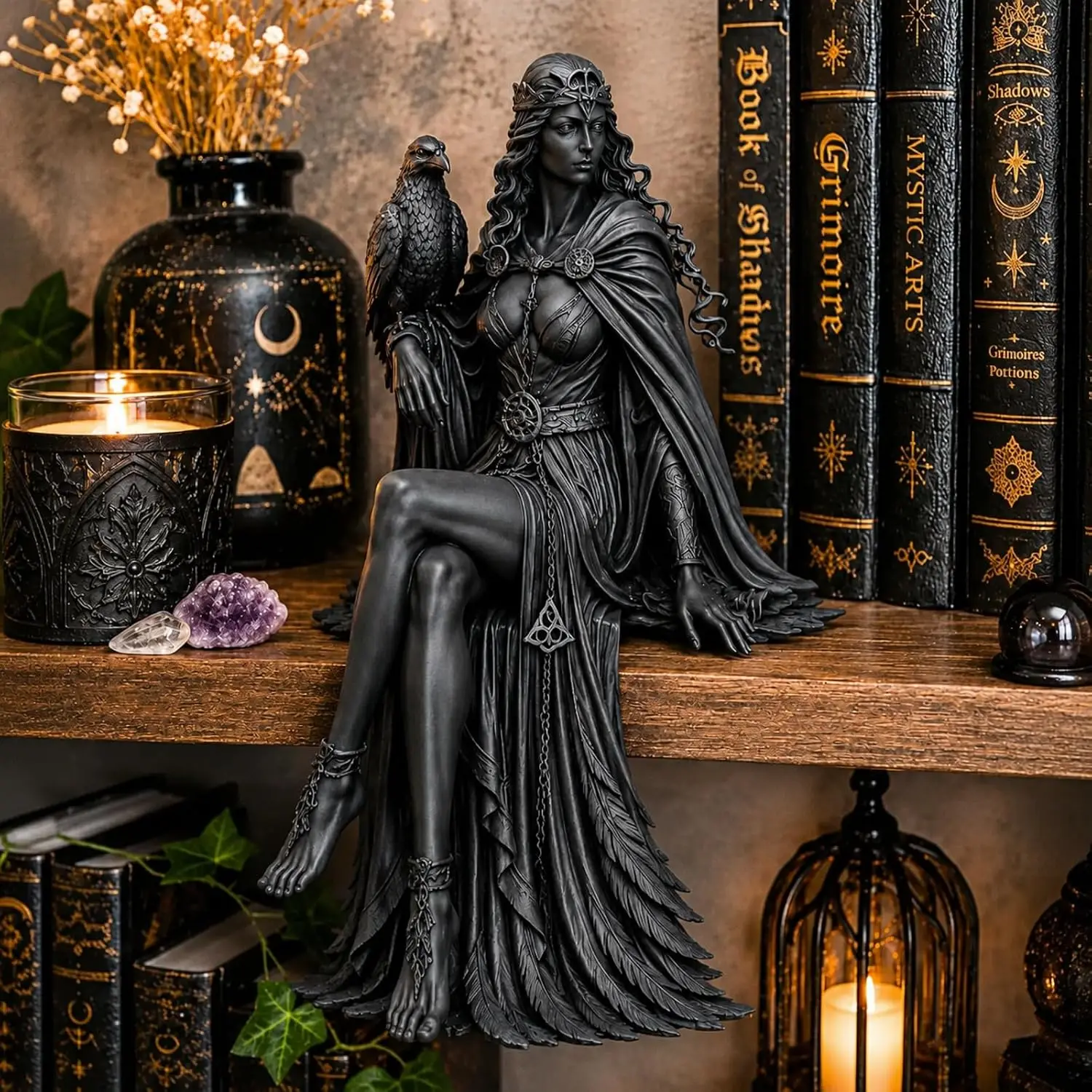 Celtic Raven Goddess Statue, Gothic Fantasy Figurine with Raven Companion, Celtic Inspired Decor Sculpture for Altar, Mythology