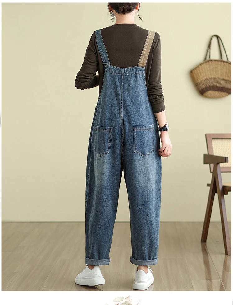 Artistic Loose Personalized Contrasting Denim One Piece Pants New Women\'s 2024 Spring New Patchwork Straight Pockets Overalls