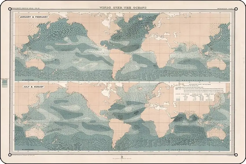 Old Ocean Trade Winds Map (1898) Vintage World Meteorological Map Poster Metal Tin Sign Fun Home Art Wall Decor 8x12 Inch