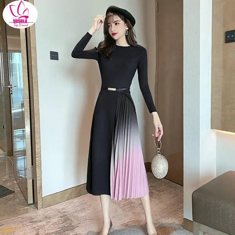 New Lady Elegant Knitted Patchwork Gradient Pink Pleated Dress Women Long Sleeve Sweater Office One-Piece Midi Dress With Belt