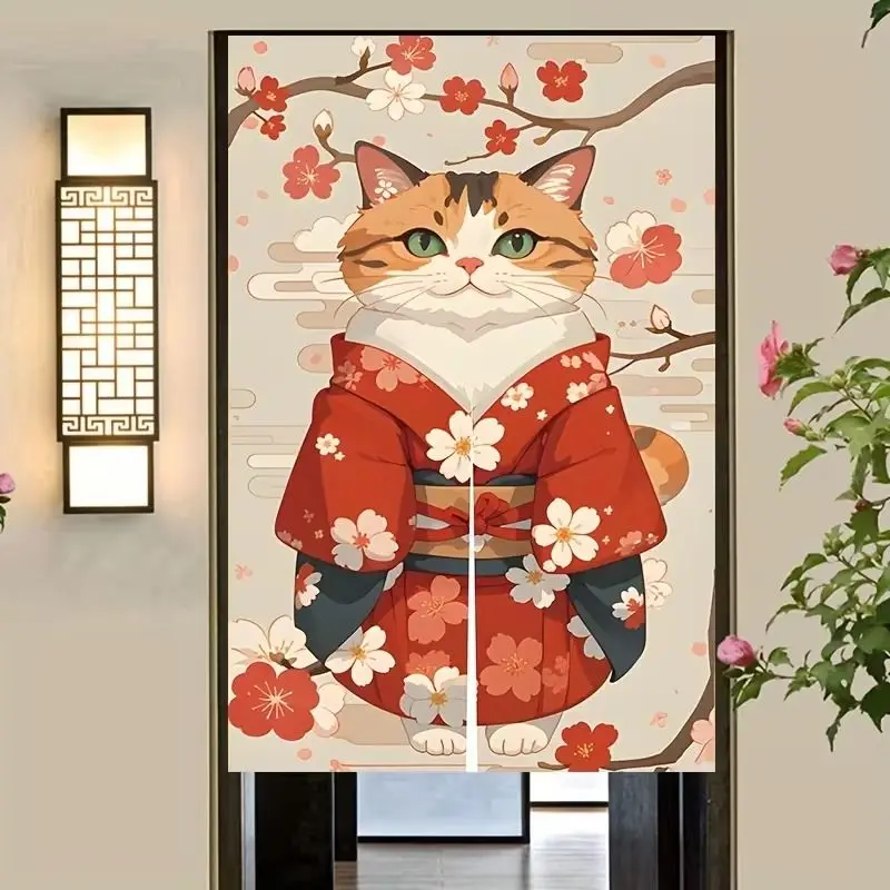 VIKAMA Japanese Maneki-neko Half Door Curtain, Retro Lucky Cat Noren Curtain, Warm Room Divider Screen Entryway Home Decor