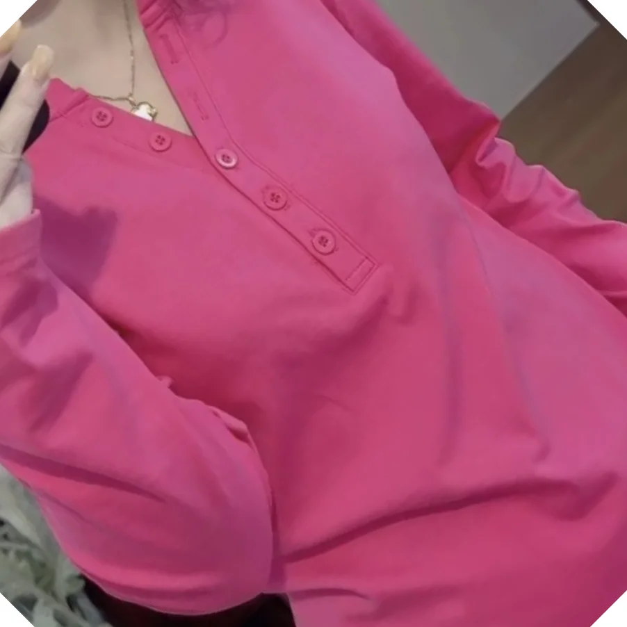Pink V Neck Long Sleeve T Shirt Women Casual Button Front Top Regular Fit Spring Summer Lightweight Tee