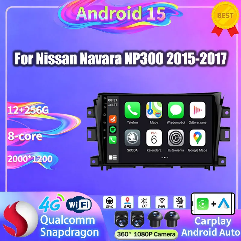 Carplay Inalámbrico y Android Auto para Nissan NAVARA Frontier NP300 2015 2016 2017, Radio de Coche Android 15, BT, Qualcomm Snapdragon, Estéreo