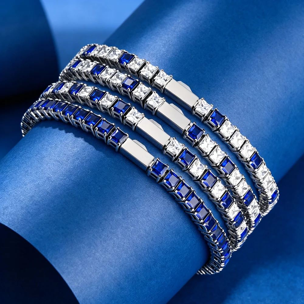 

Fashionable 3/4/5mm Tennis Chain Square Blue Intercolor Zircon Shining Hip Hop Style Exquisite Men's and Women's Bracelet