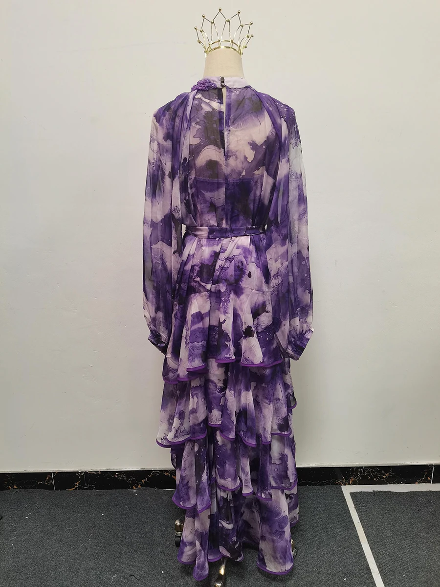 VGH หมึกพิมพ์ Spliced SHEER ชุดผู้หญิงคอยาวแขนยาวเอวสูง Patchwork Ruffles Maxi ชุดแฟชั่นหญิง
