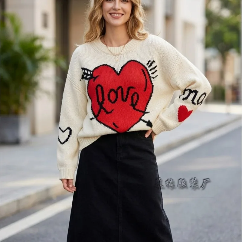 Loose Autumn Winter Love Chic Knitted Sweater Women's New Long-sleeved Sweater Tops Female Couple Versatile Pullover Sweater