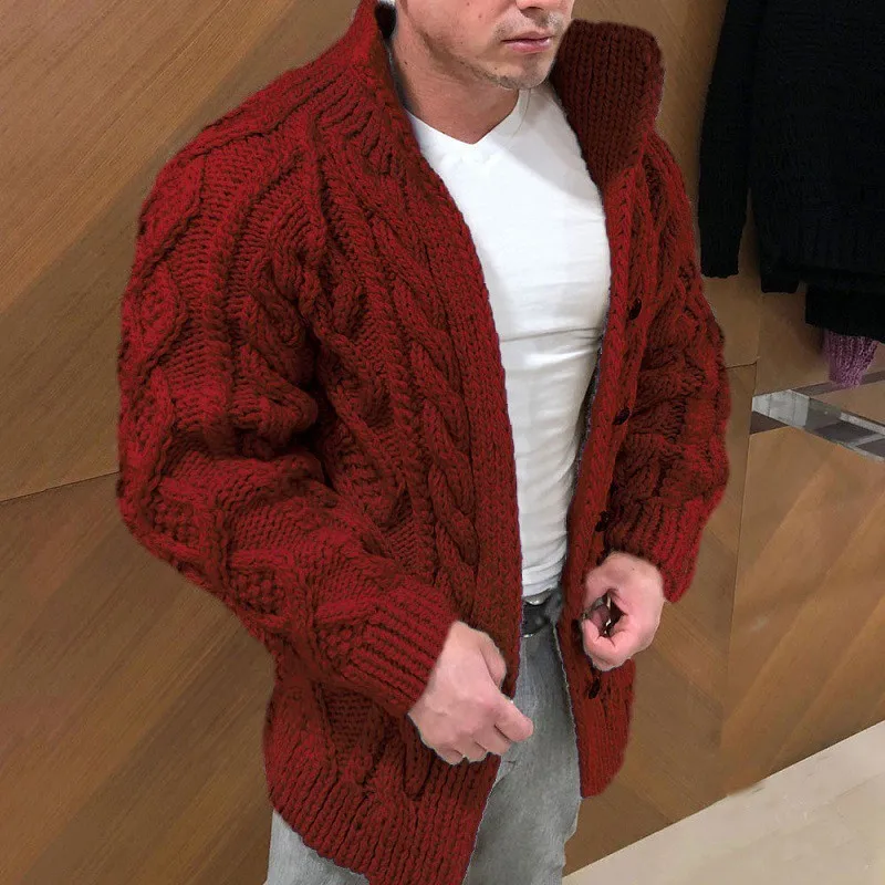 Herren Stehkragen Zopfmuster Strickjacke Dicker Knopfverschluss Pullover Jacke Vintage Langarm Warme Lässige Winter Strickoberbekleidung Mantel – Detail 5