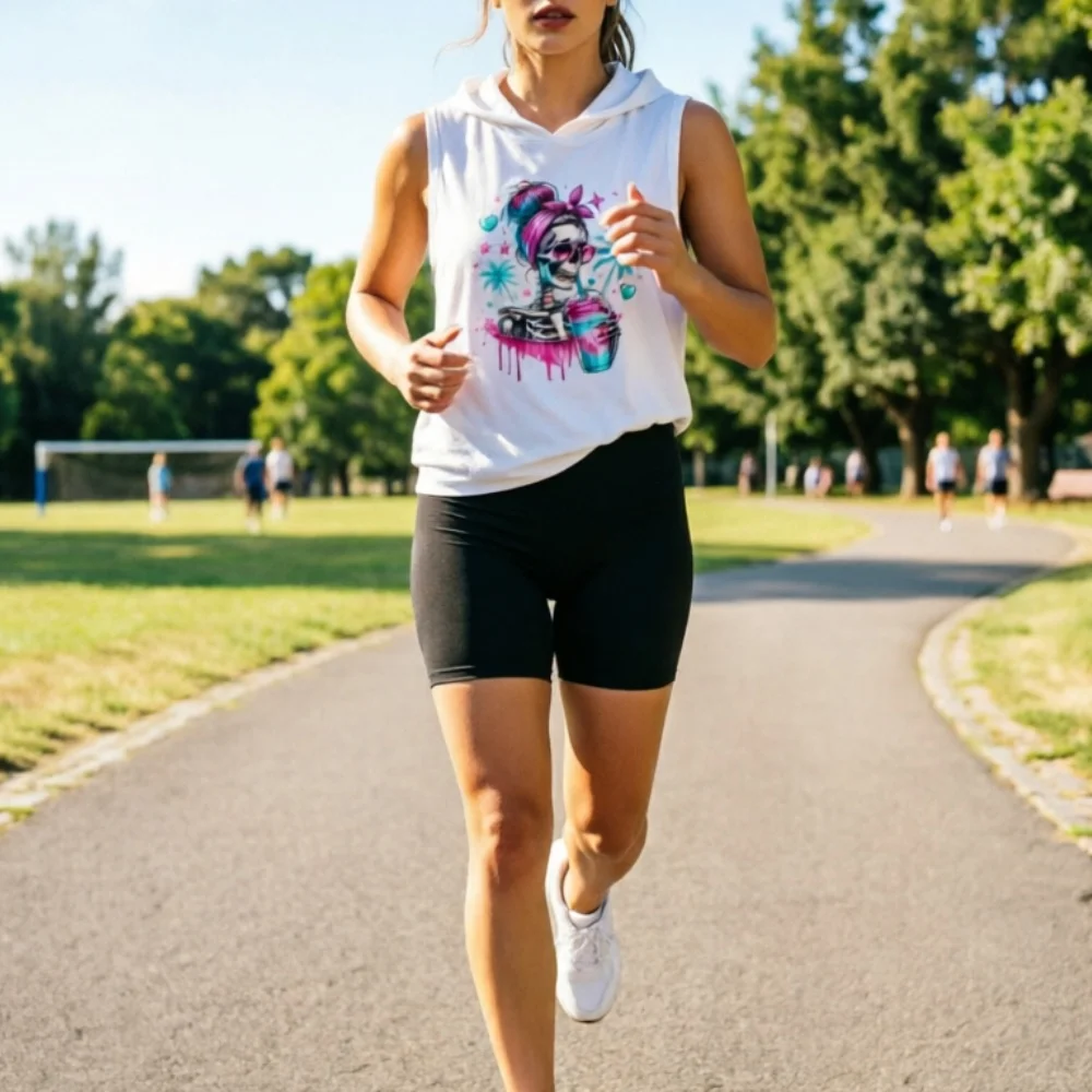 Women's Sleeveless Hooded Gym Two-Piece Set: Tropical Tie-Dye Skull Iced Drink Print Vest and Cycling Shorts Set