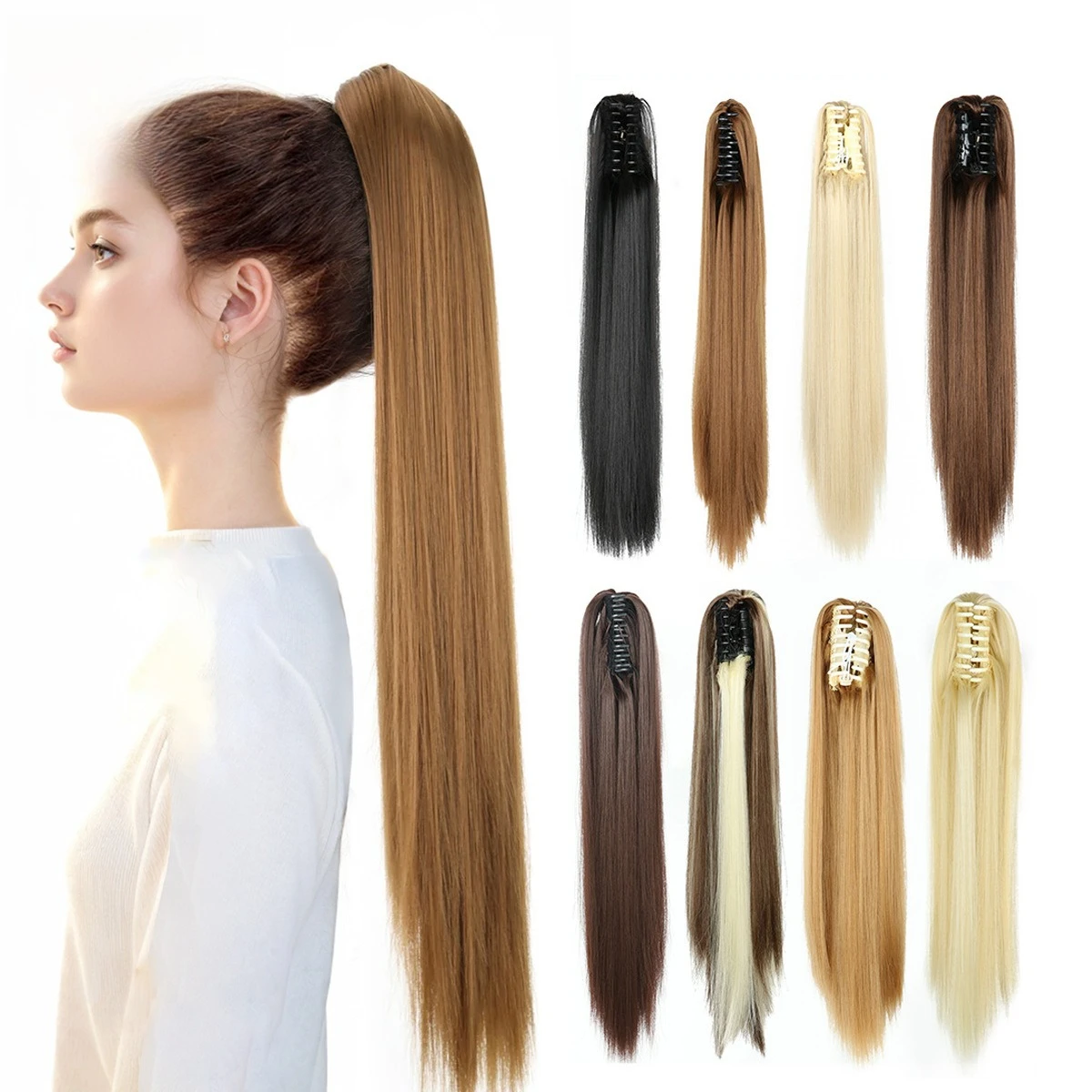 

женский 22-дюймовый парик, длинный хвост, зажим для когтей, защелка, длинные прямые волосы, высокий хвост, элегантный стиль, натуральный, повседневный, легко носить