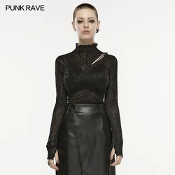 PUNK RAVE Women's Chinese Style Hollow Asymmetrical Patchwork Spider Web Mesh T-shirt Punk Sexy Skull on Shoulder  Tops