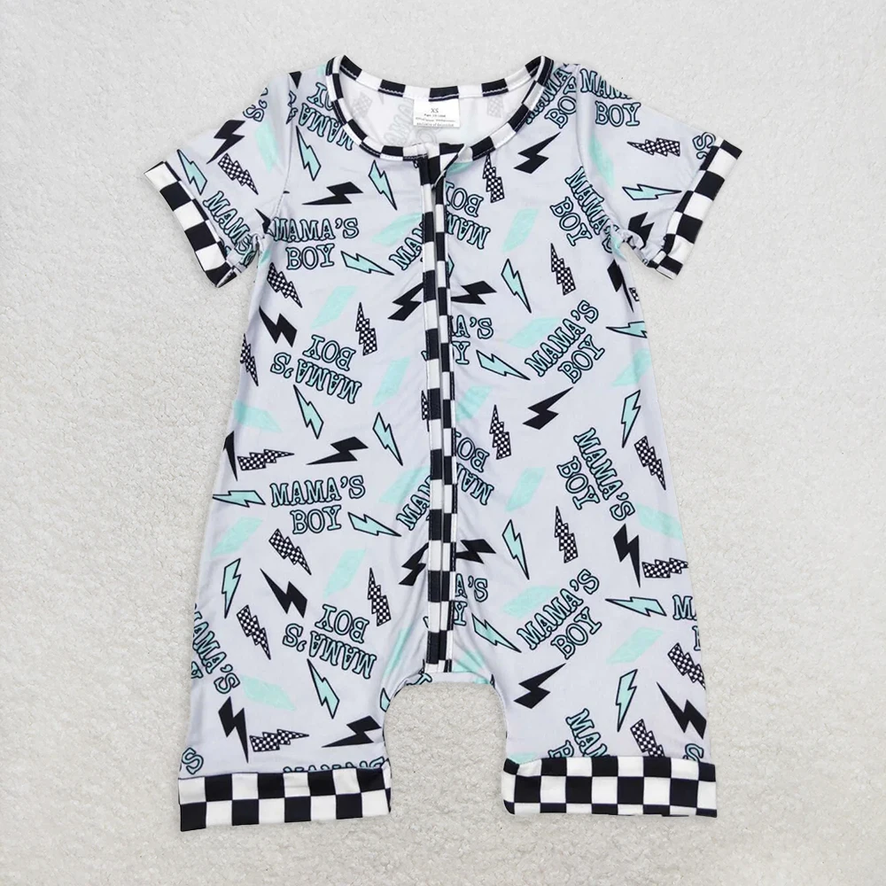 

Infant Boys Mama's Boy Zip Romper Short Sleeve Plaid Thunder Baby Outfit for Newborns And Toddlers