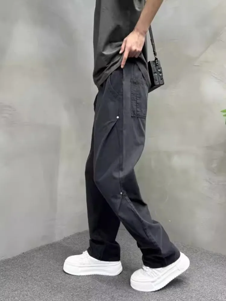 Moda para hombre pantalones vaqueros negros con cordón primavera otoño Casual Pantalones rectos ropa informal suelta Hip Hop pantalones vaqueros de pierna ancha